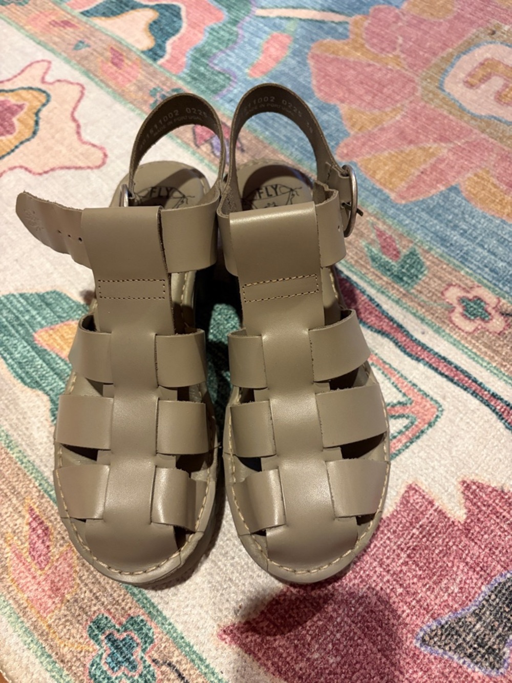 NEW Fly London Neutral Tan Grey Greige Fisherman Sandals Lug Sole Heel 38 7.5